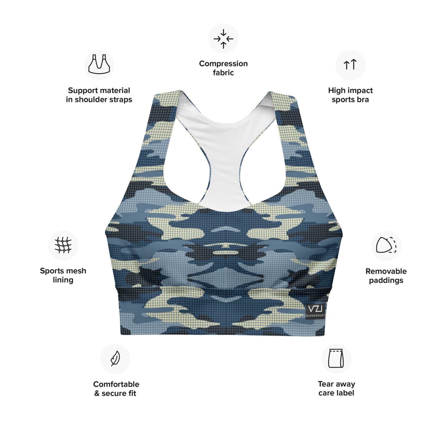 Tactical Navy: Longline Sports Bra - SuperSport, Endurance Series, Double-layered waistline band, Longline silhouette