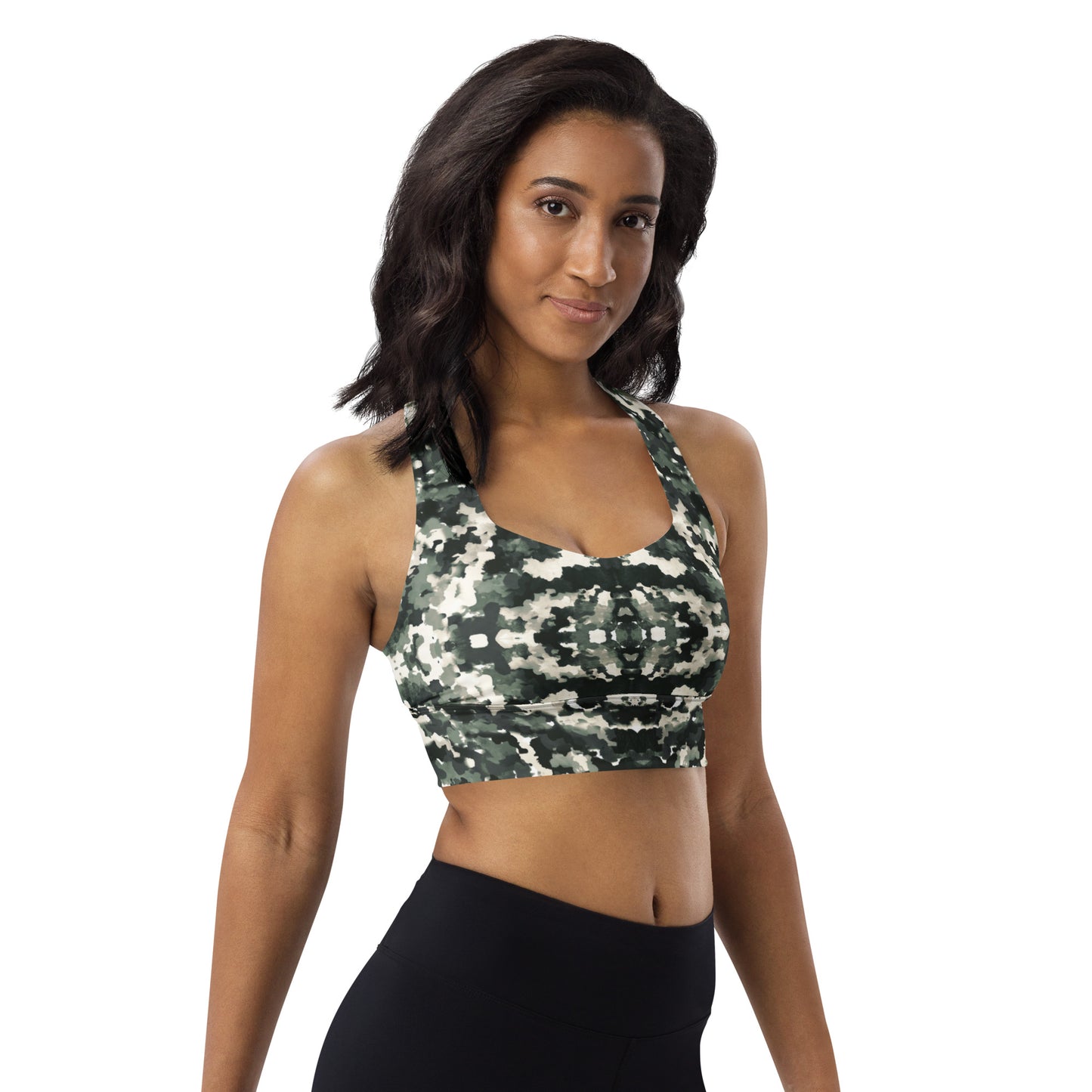 Verdant Shadows: Longline Sports Bra - SuperSport, Endurance Series, Double-layered waistline band