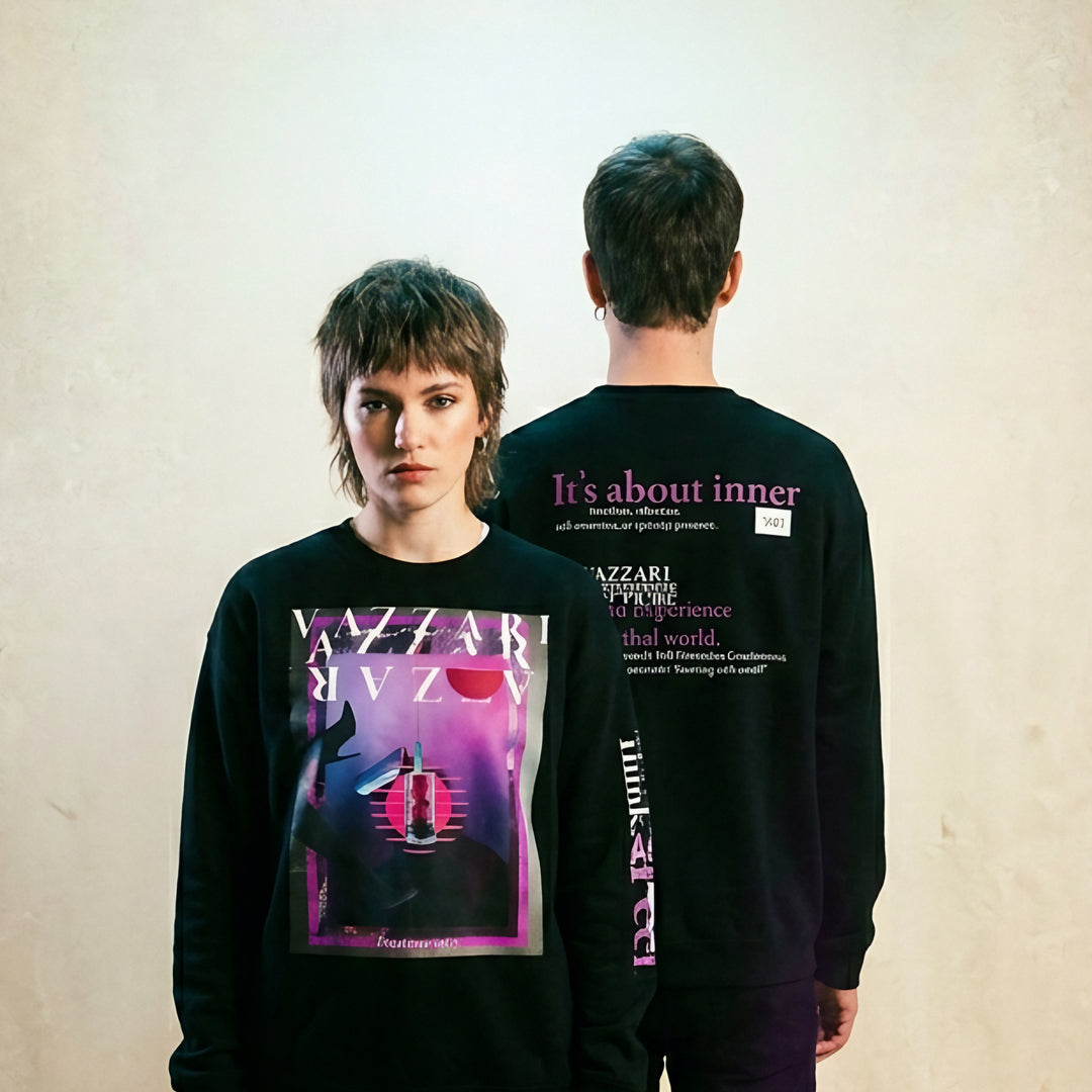 Model wearing the Vazzari Inner-Self Sweatshirt in a beige studio