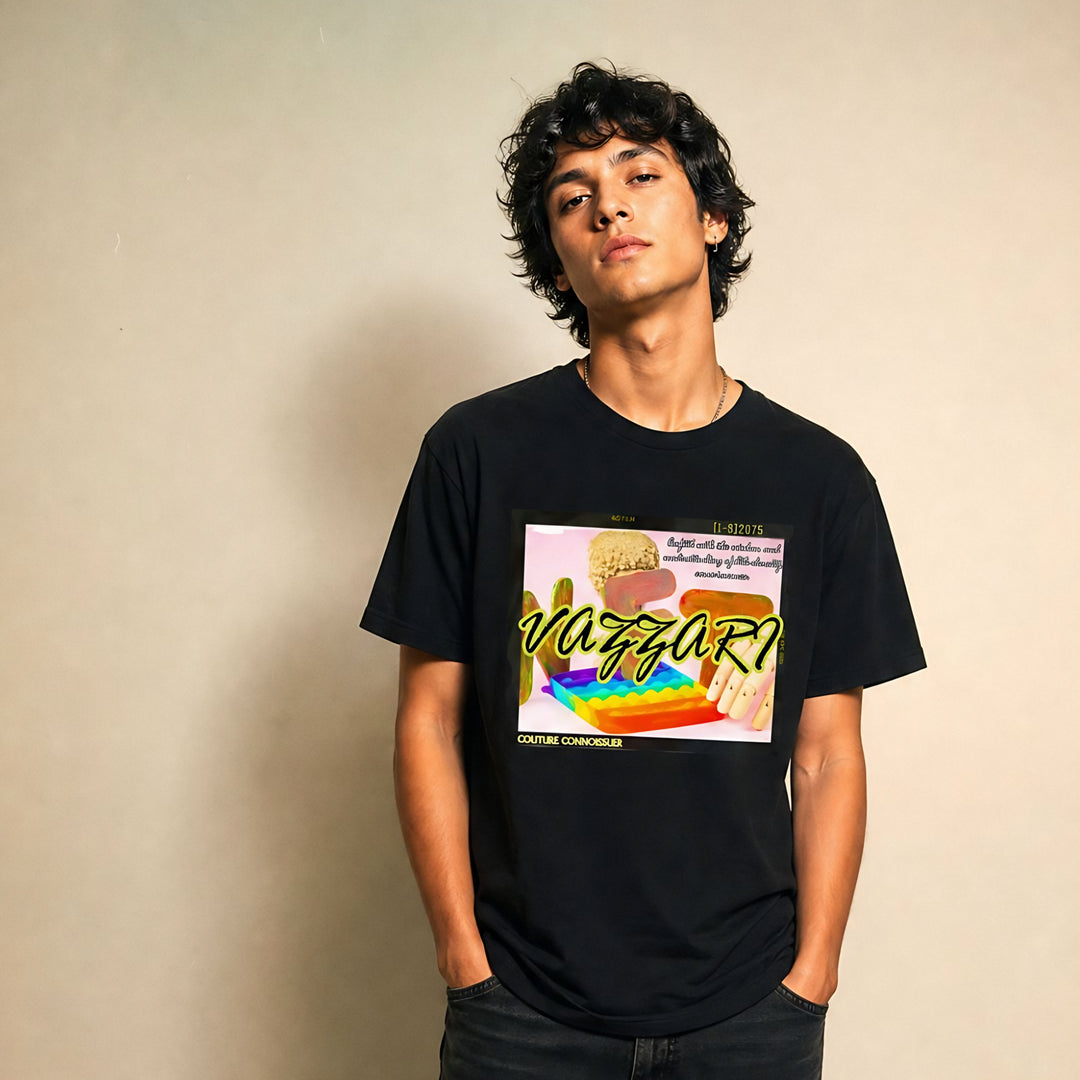 Model wearing the Vazzari NFT Tee in a beige studio