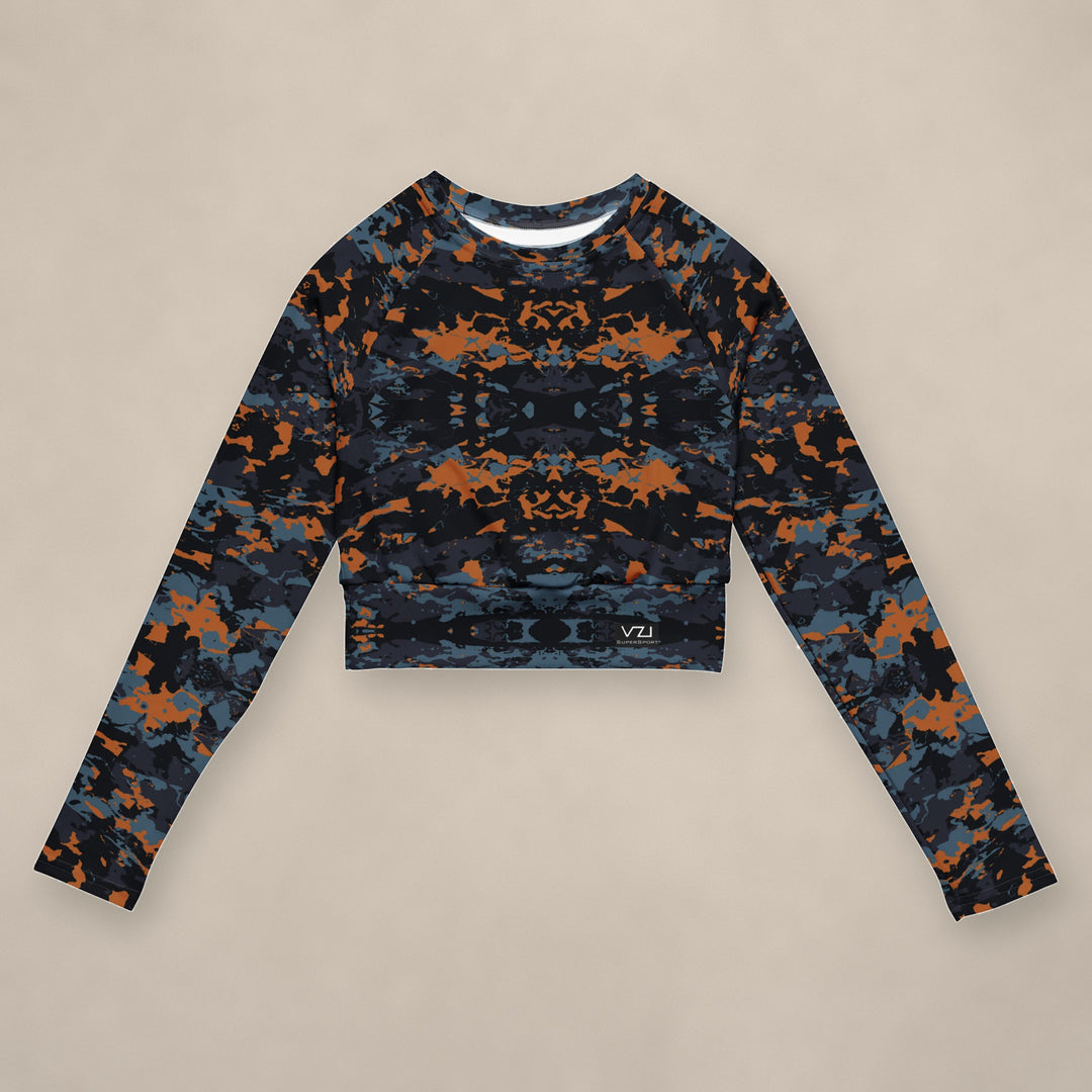 Vazzari Teal Twilight Crop Top on beige studio wall