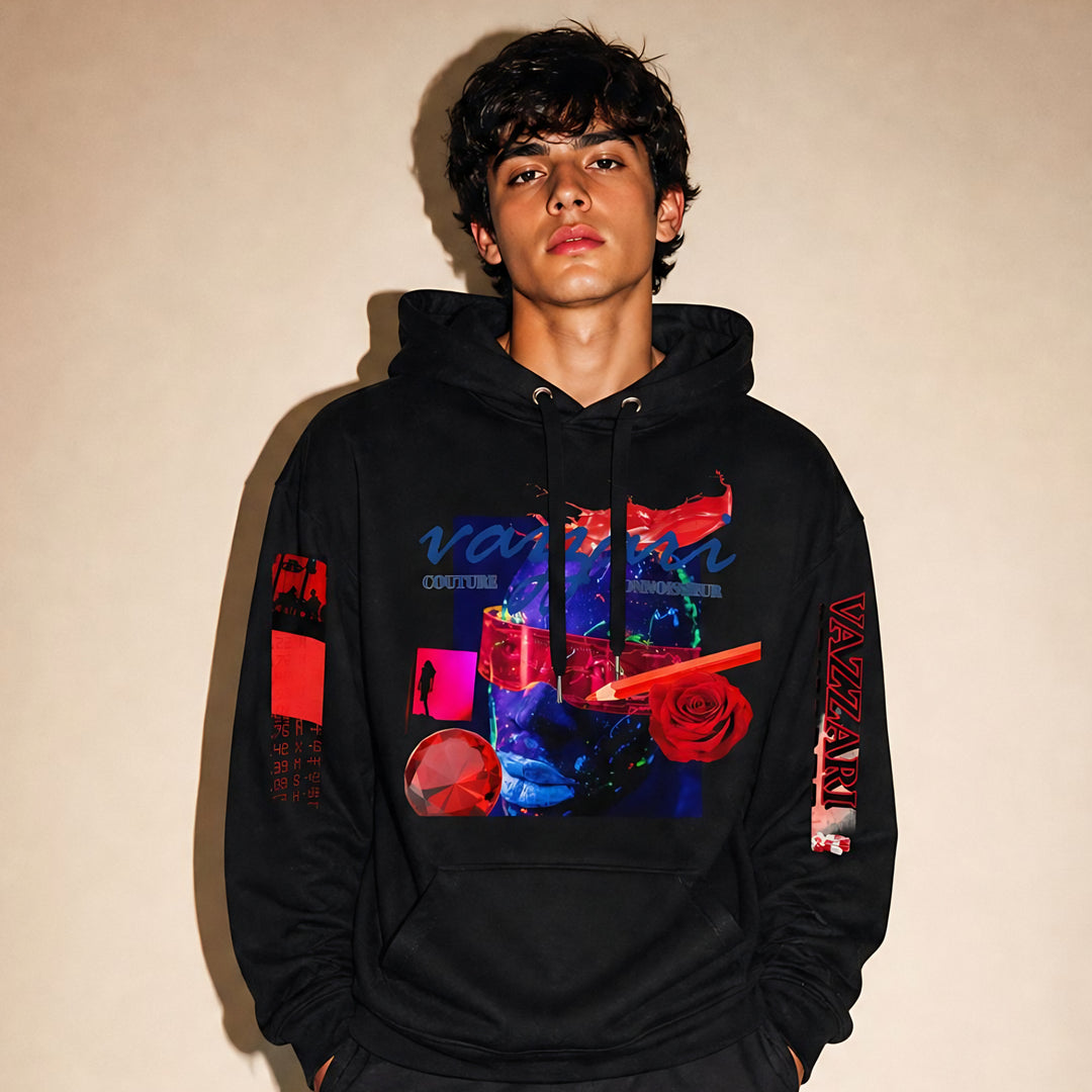 Model wearing the Vazzari Transmutation Matrix Hoodie in a beige studio