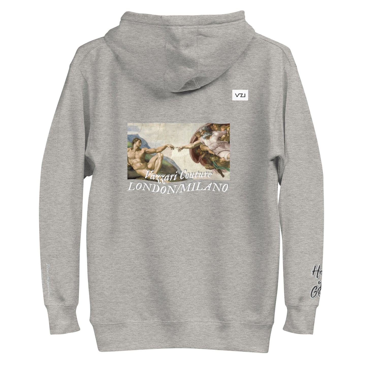 Find guidance and support with Vazzari Couture's Azurael Men's Hoodie made with 100% cotton face, front pouch pocket, self-fabric patch, flat drawstrings, and 3-panel hood. Focus on spiritual connection with Help of God.
