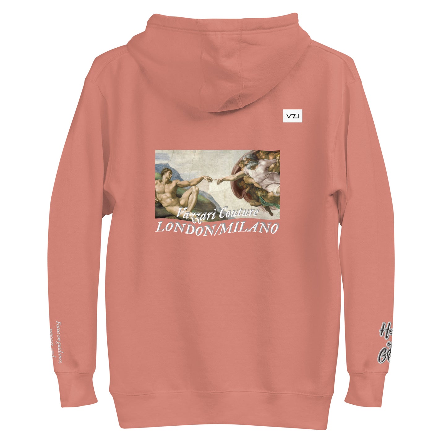 Find guidance and support with Vazzari Couture's Azurael Men's Hoodie made with 100% cotton face, front pouch pocket, self-fabric patch, flat drawstrings, and 3-panel hood. Focus on spiritual connection with Help of God.
