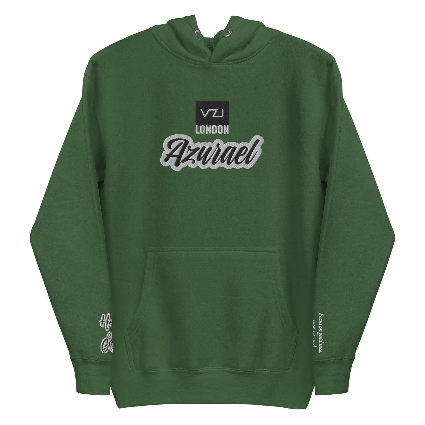 Find guidance and support with Vazzari Couture's Azurael Men's Hoodie made with 100% cotton face, front pouch pocket, self-fabric patch, flat drawstrings, and 3-panel hood. Focus on spiritual connection with Help of God.