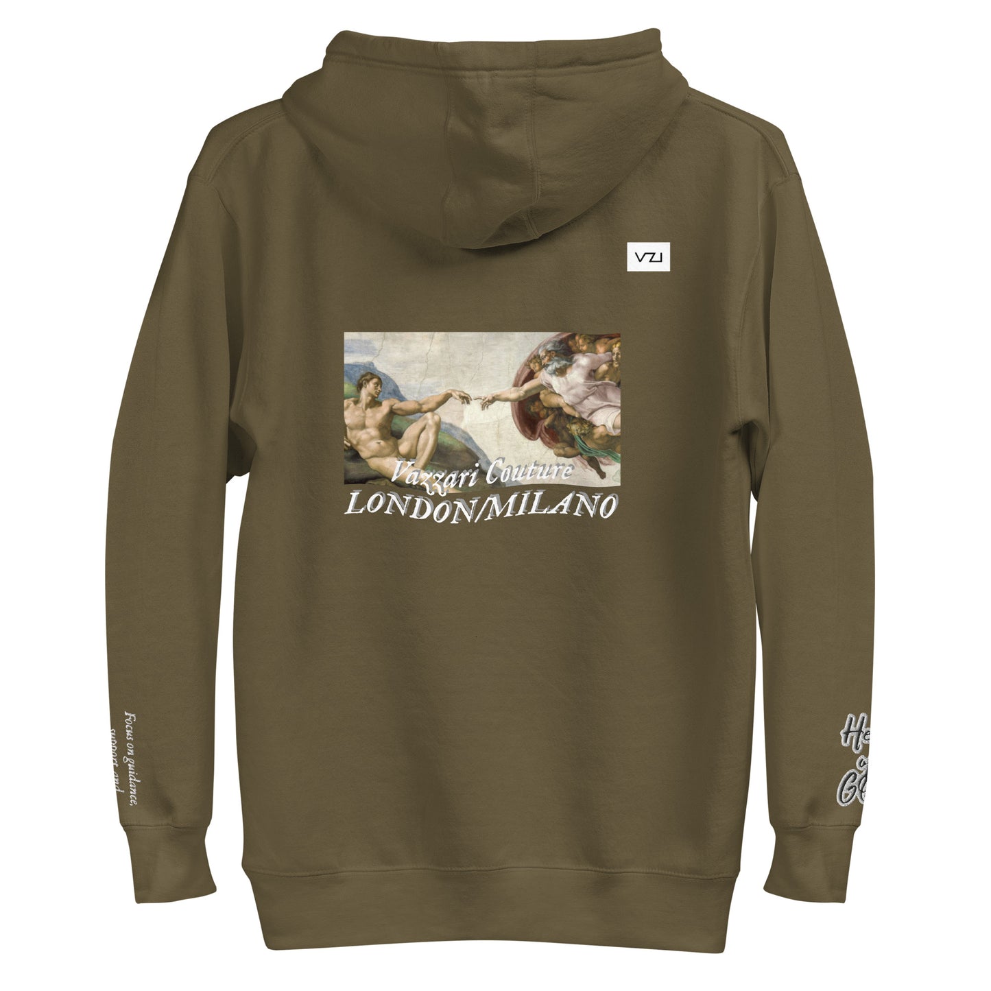 Find guidance and support with Vazzari Couture's Azurael Men's Hoodie made with 100% cotton face, front pouch pocket, self-fabric patch, flat drawstrings, and 3-panel hood. Focus on spiritual connection with Help of God.
