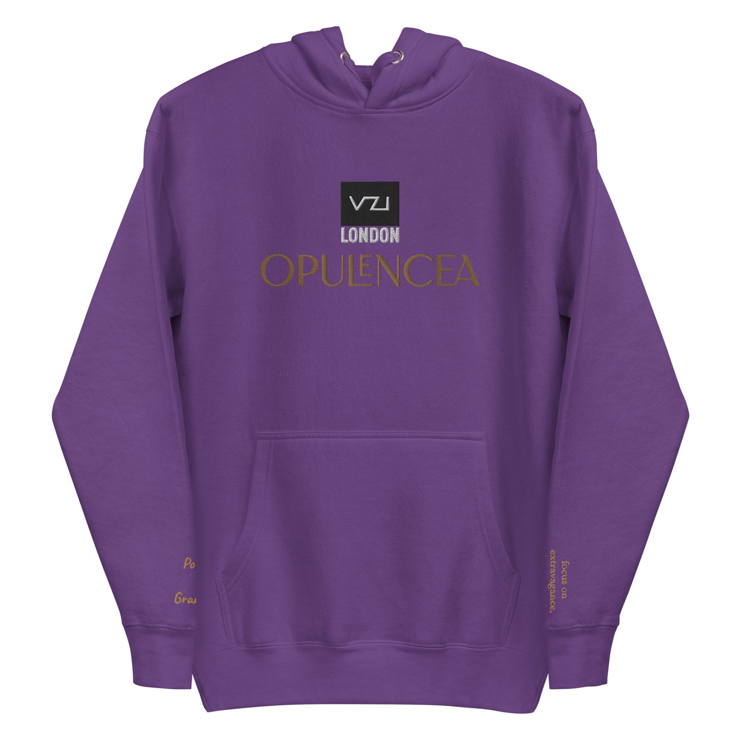 FRONT PURPLE HOODIE VZI Opulencea: Unisex, Classic Cotton: Focus on extravagance, luxury, and indulgence(Posh Grandeur)