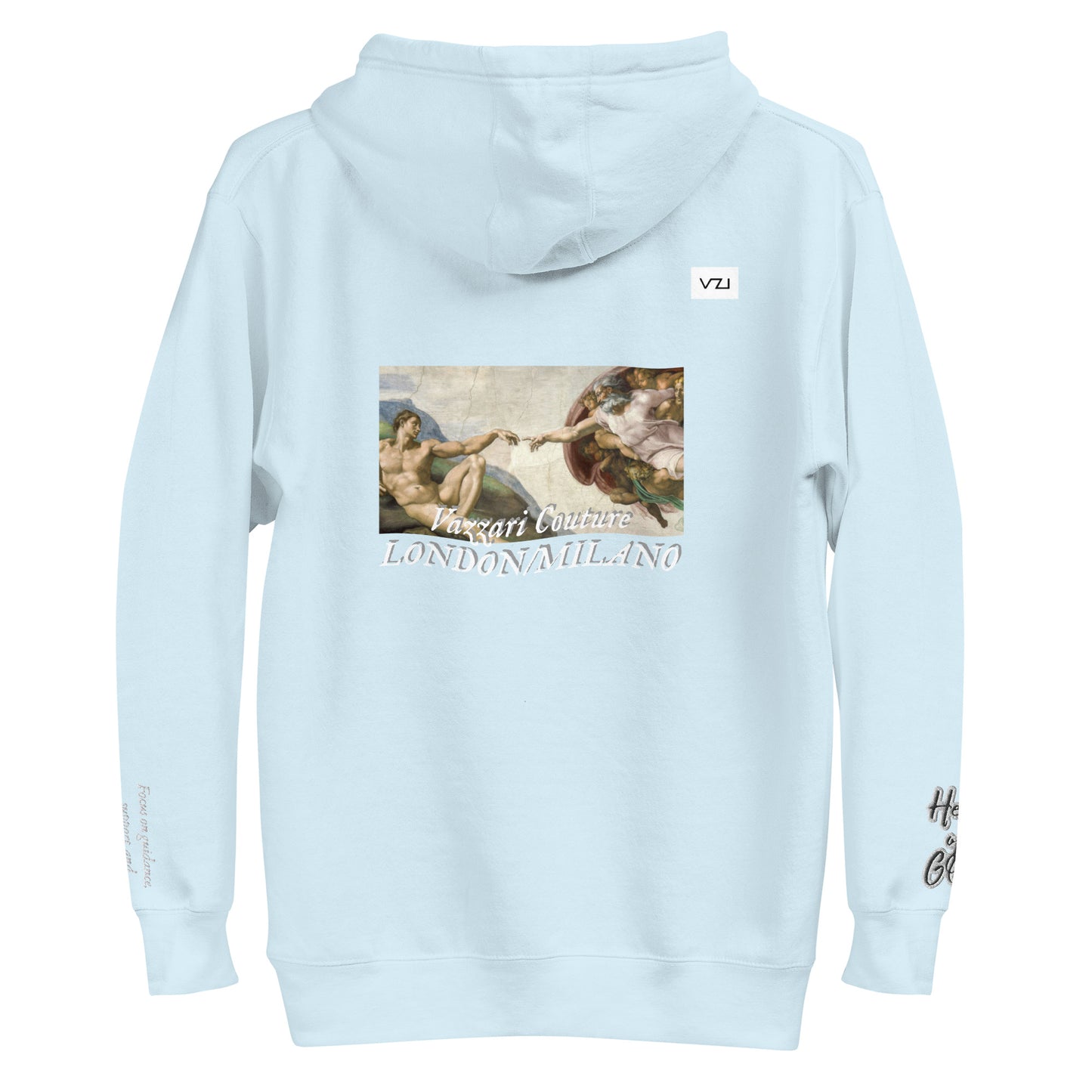 Find guidance and support with Vazzari Couture's Azurael Men's Hoodie made with 100% cotton face, front pouch pocket, self-fabric patch, flat drawstrings, and 3-panel hood. Focus on spiritual connection with Help of God.