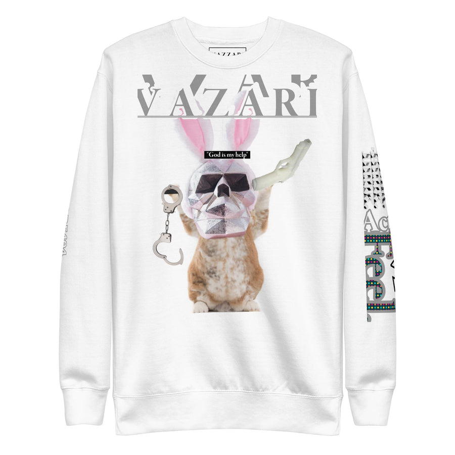 Vazzari Bunnylocked 404 sweatshirt in white with the skull-masked rabbit graphic, on a white background