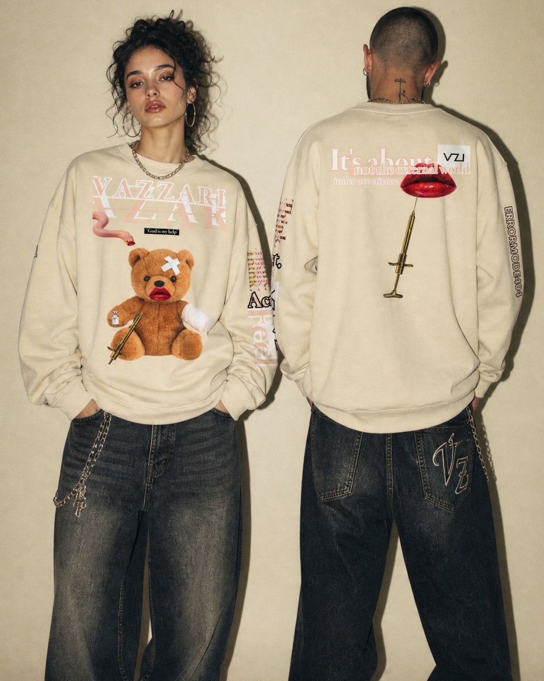 Two models in VZI 404 Error Mode Teddy sweatshirts with jeans