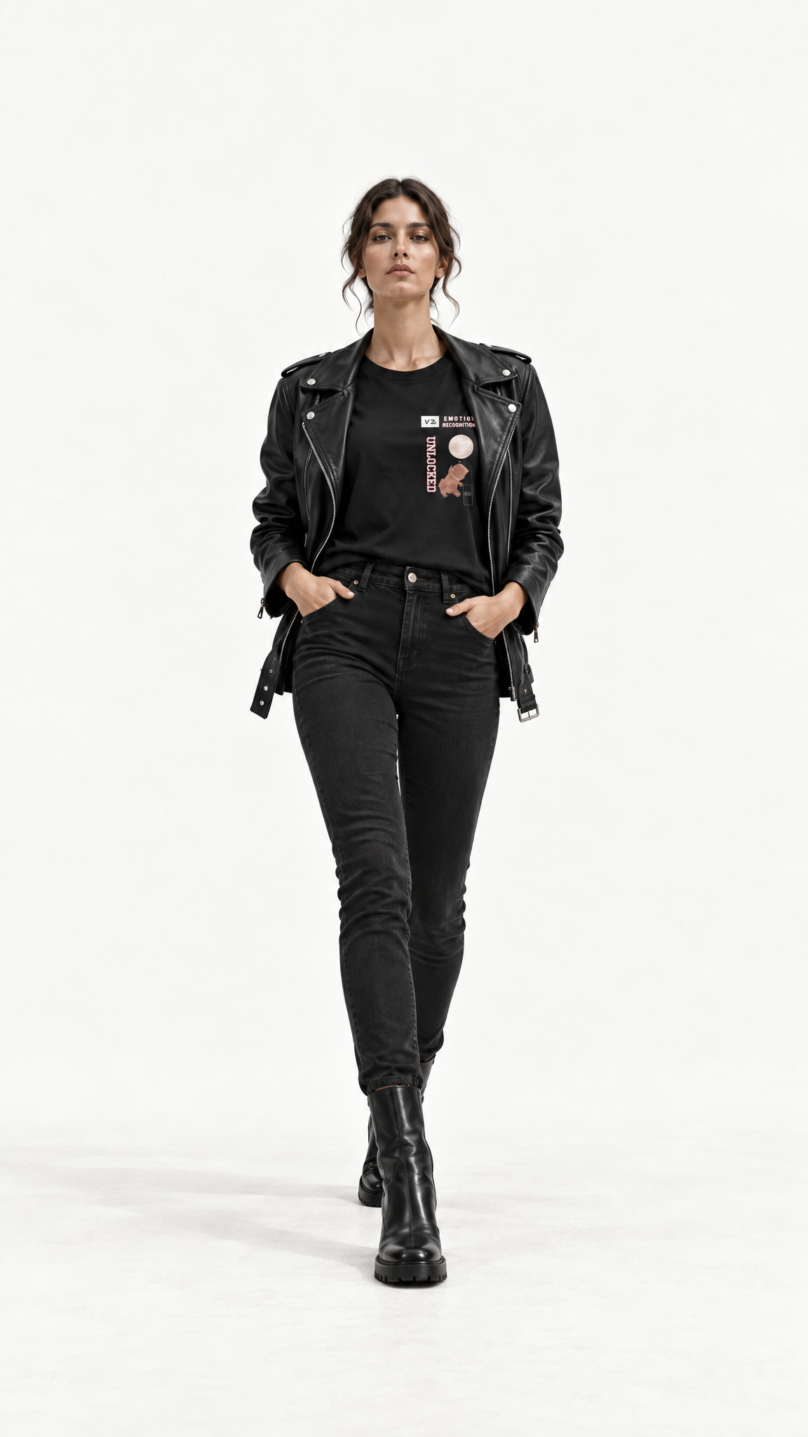 Vazzari Emotion Recognition T-shirt with black jeans, leather jacket and boots in a minimalist studio