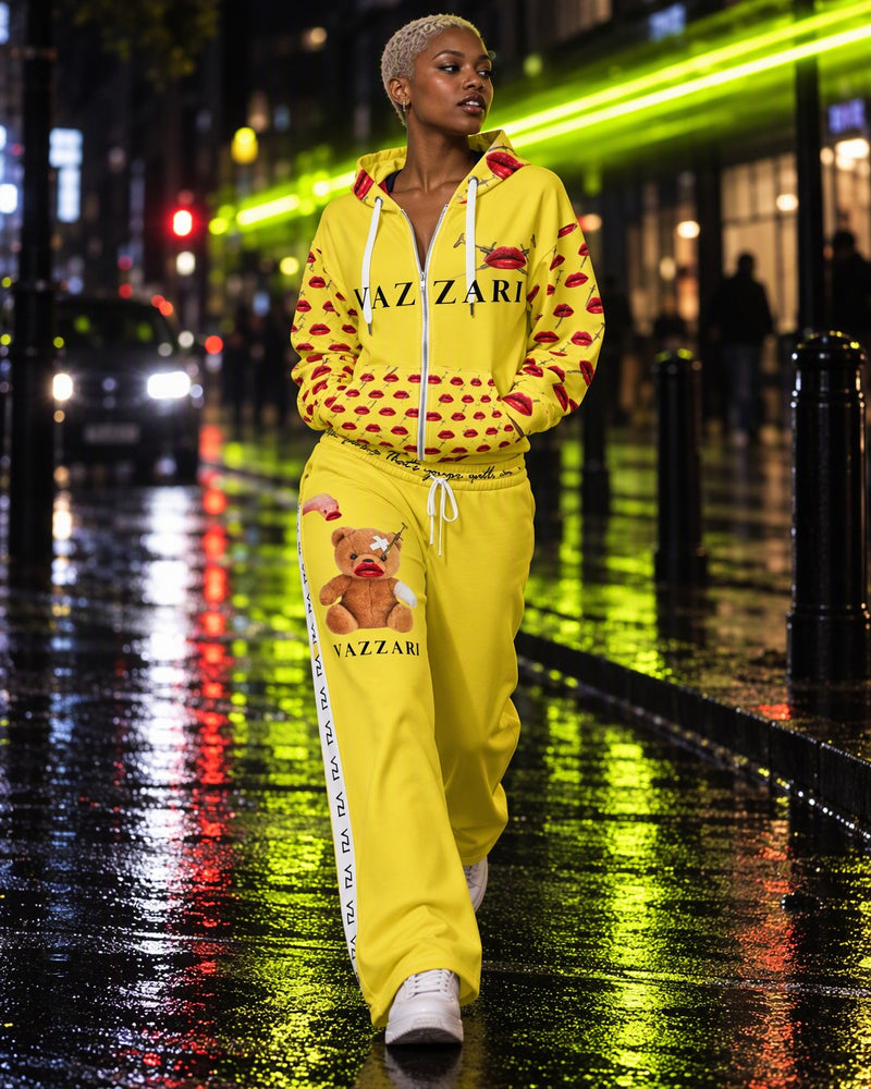 Vazzari Teddy Lip zip hoodie and wide-leg pants set in Daisy yellow, Fit_CODE
