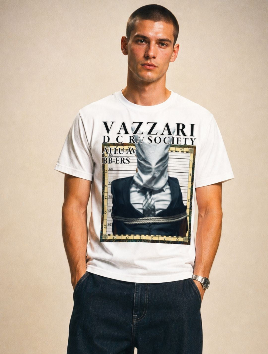 Vazzari Faceless Icon Tee on a male model in a clean beige studio (man)