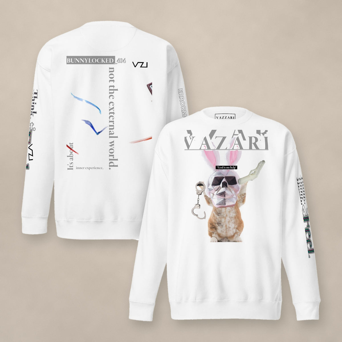Vazzari Bunnylocked 404 Sweatshirt on a male model in a clean pale studio (man)