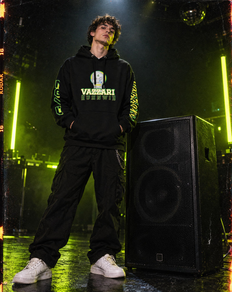 Model wearing Vazzari Nouveau Noir 2075 in a neon club setting