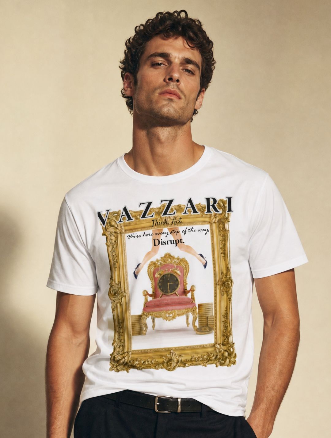 Vazzari Baroque Hack Tee on a male model in a clean beige studio (man)