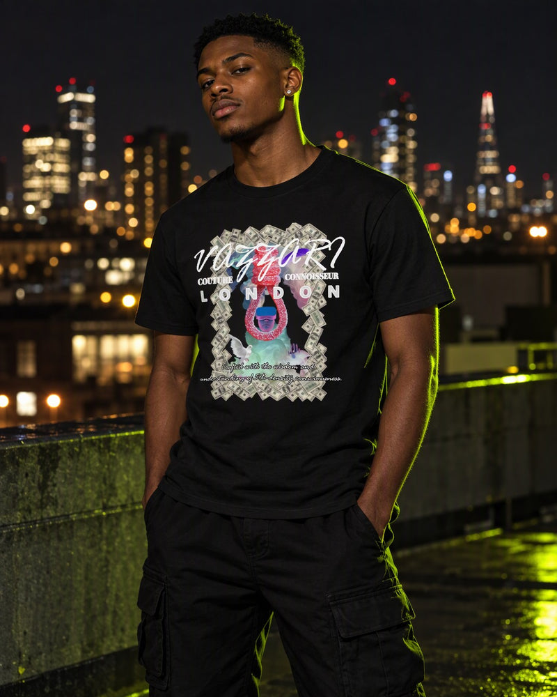 Vazzari Virtual Wealth premium cotton tee on a city rooftop at night