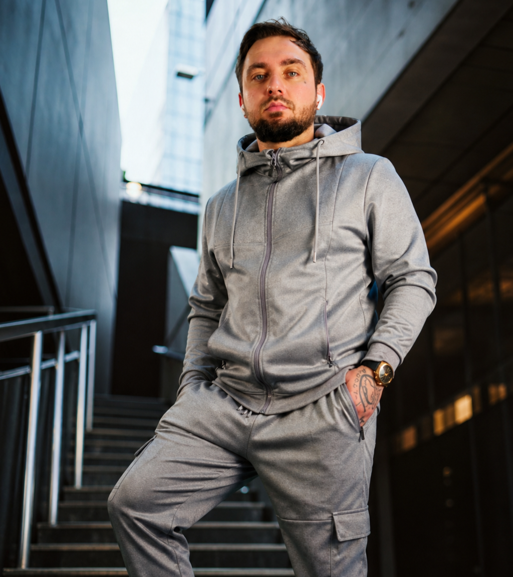 Men’s Plain Grey Tracksuit | Soft Stretch Fabric | Comfortable Fit | Cargo Pockets