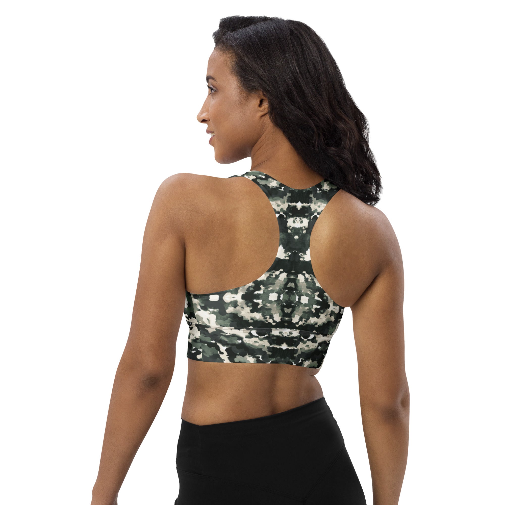 Verdant Shadows: Longline Sports Bra - SuperSport, Endurance Series, Double-layered waistline band