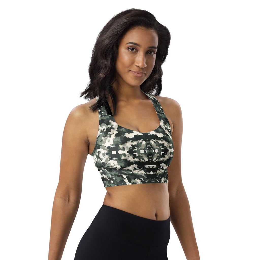 Verdant Shadows: Longline Sports Bra - SuperSport, Endurance Series, Double-layered waistline band