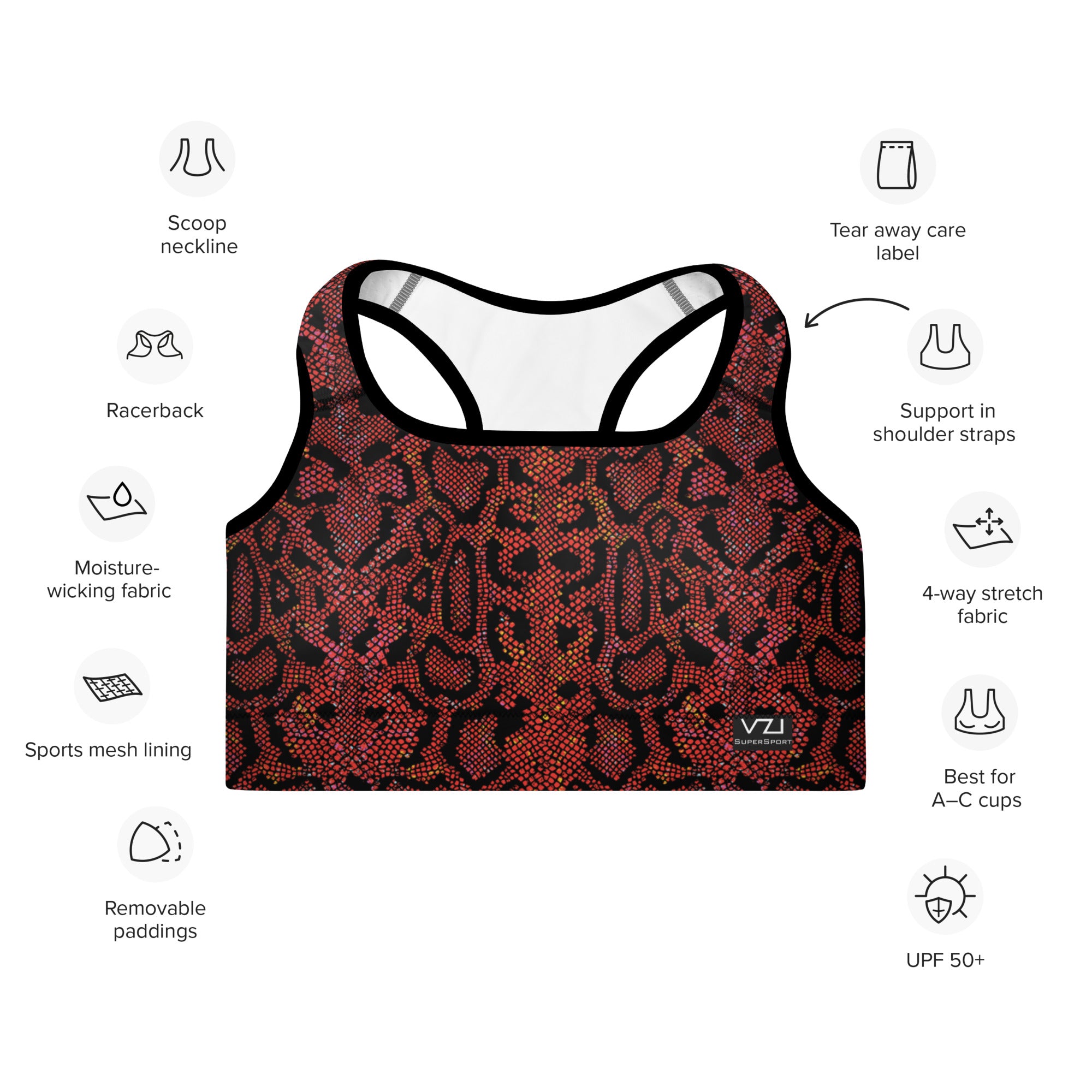 Crimson Serpent - Padded Sports Bra: Removable Padding, Scoop neckline and racerback