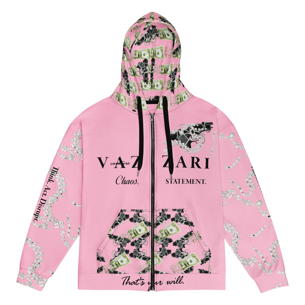 Cotton Candy: TEDDY . LIP [[VZI_LAB]]: eco-intelligence GraphiCore™ Unisex Zip Hoodie- Futuristic Fleece, Hyper-Soft Recycled, Graphic-Heavy, Mesh Hybrids, GRS + OEKO-TEX® certified, Digital Aesthetics.