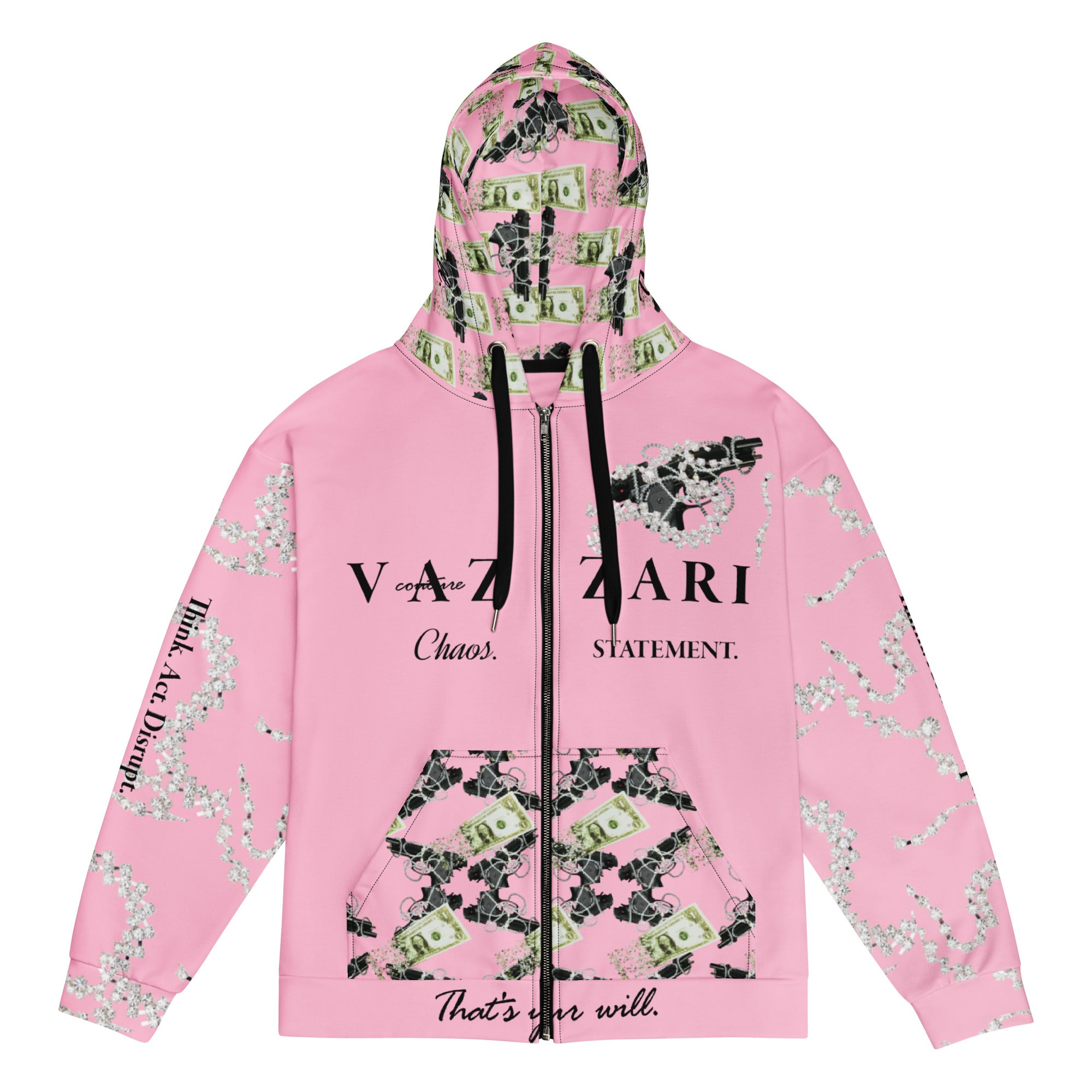 Cotton Candy: TEDDY . LIP [[VZI_LAB]]: eco-intelligence GraphiCore™ Unisex Zip Hoodie- Futuristic Fleece, Hyper-Soft Recycled, Graphic-Heavy, Mesh Hybrids, GRS + OEKO-TEX® certified, Digital Aesthetics.
