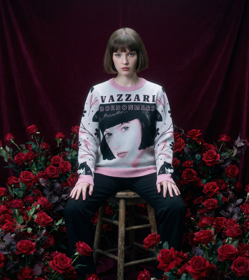 VZI® Born On Mars Brunette knit worn by a female model among red roses – Vazzari Couture