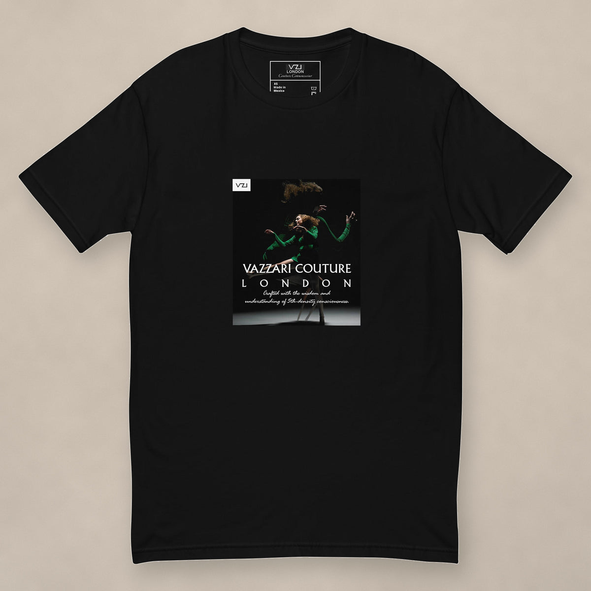 Vazzari Agitated Emerald Fitted Tee on beige studio wall