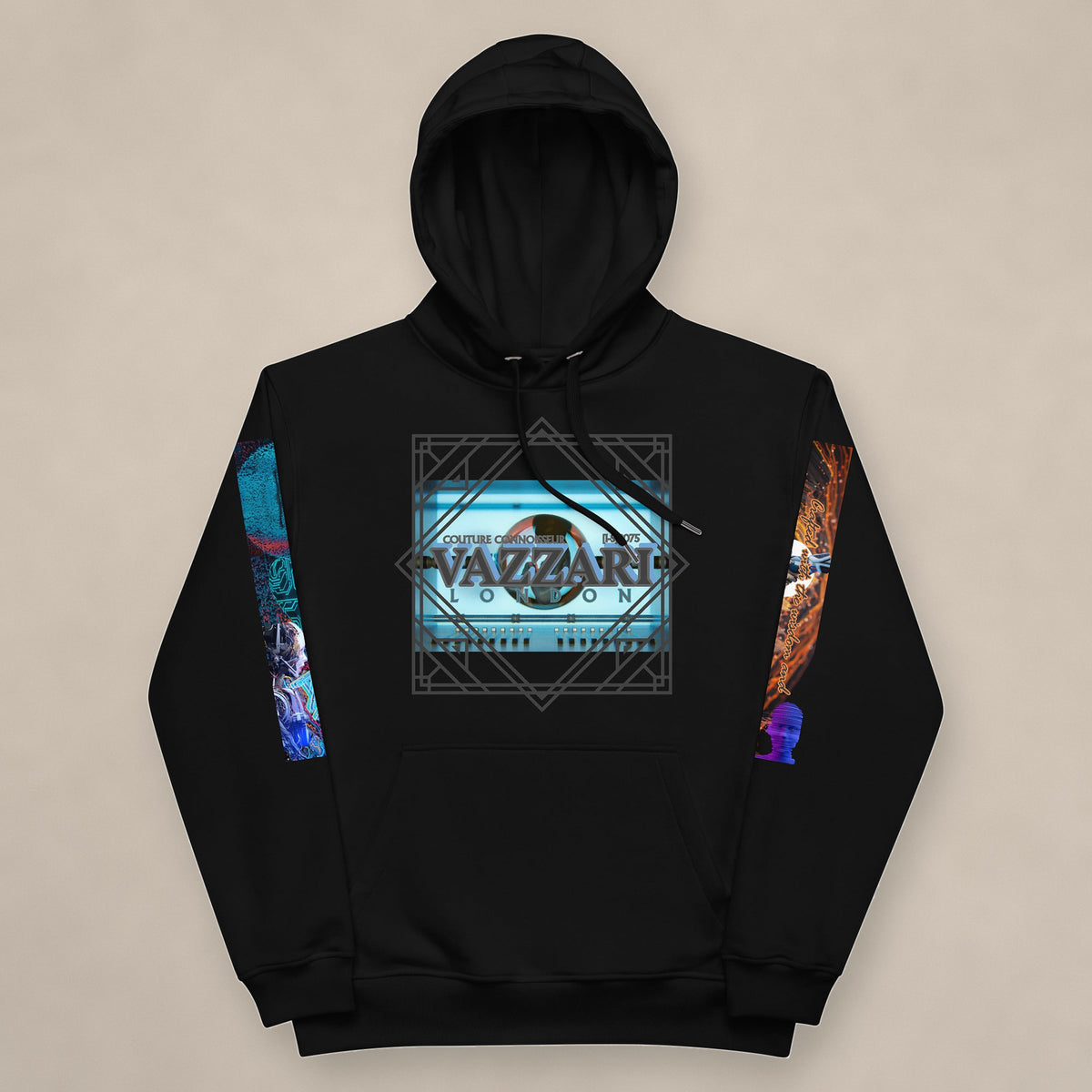 Vazzari AI Revolution Hoodie on beige studio wall