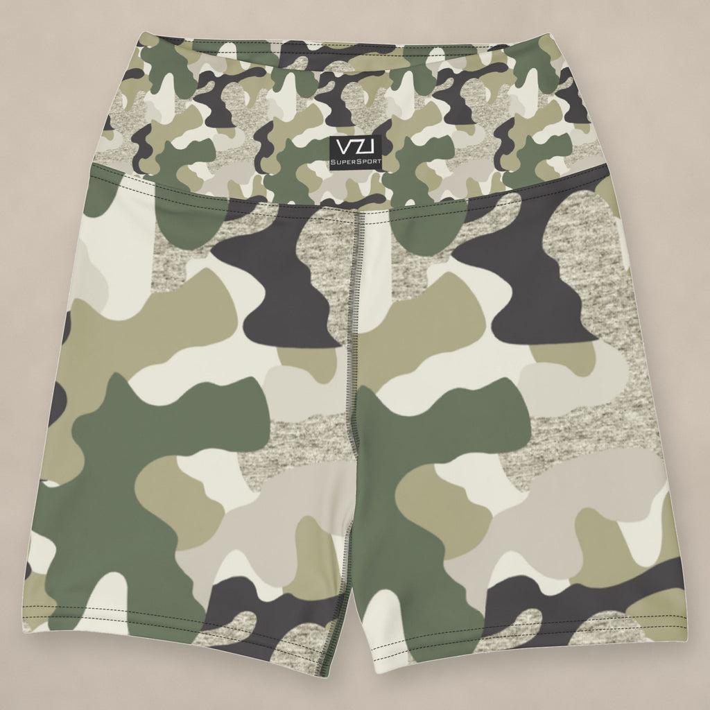 Vazzari Ammo Attire Yoga Shorts on beige studio wall
