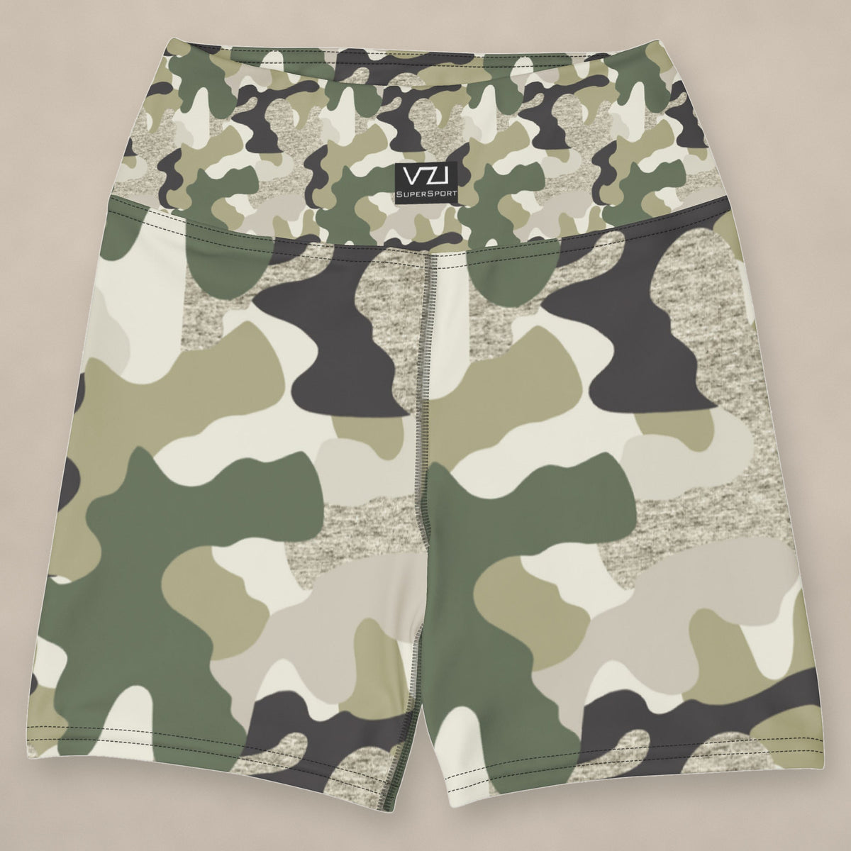 Vazzari Ammo Attire Yoga Shorts on beige studio wall