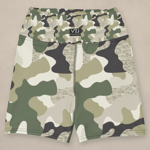 Vazzari Ammo Attire Yoga Shorts on beige studio wall