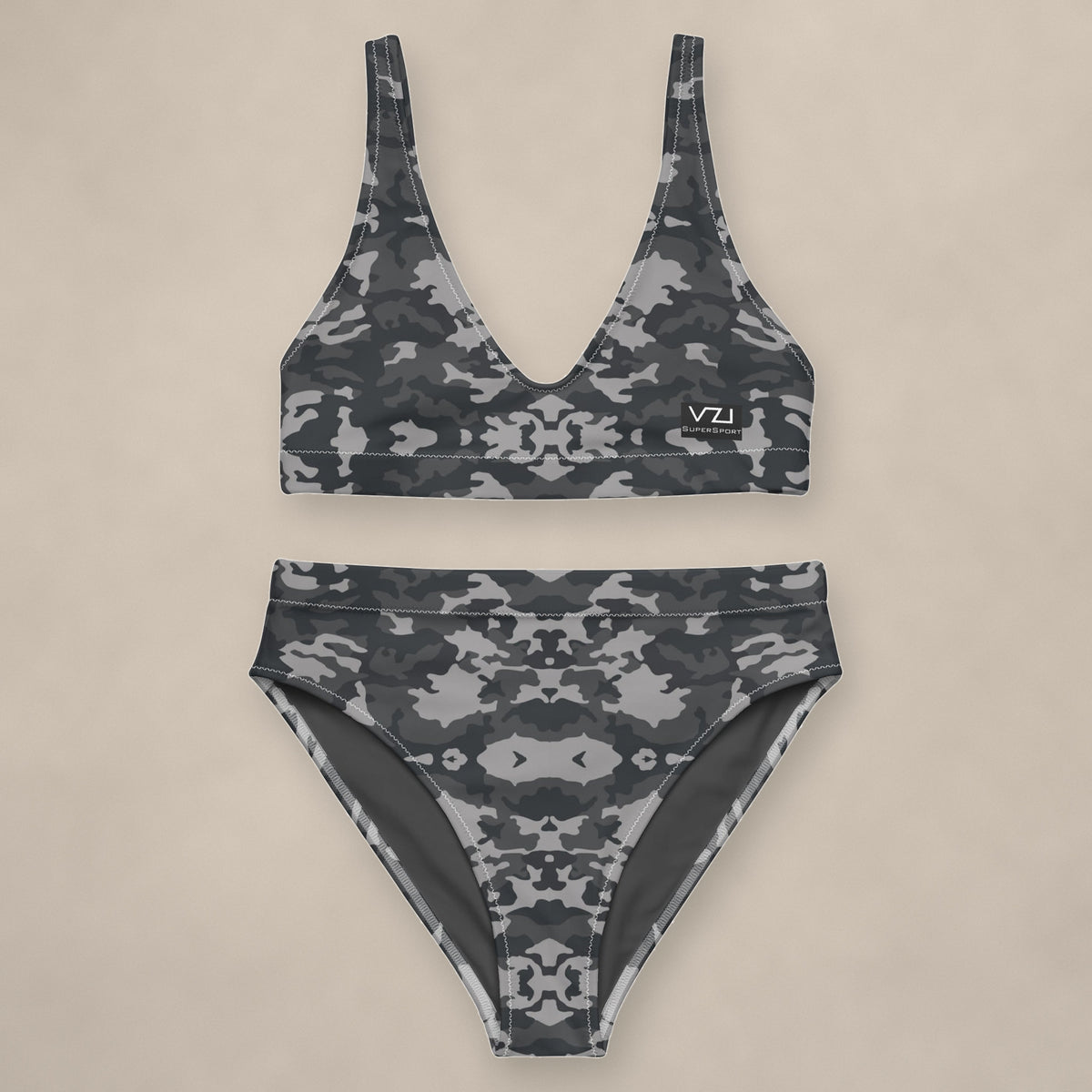 Vazzari Army 2075 Bikini Set on beige studio wall