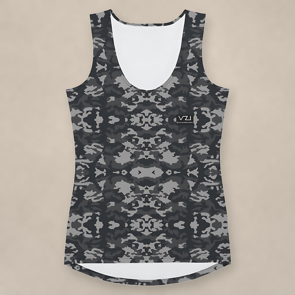 Vazzari Army 2075 Tank Top on beige studio wall