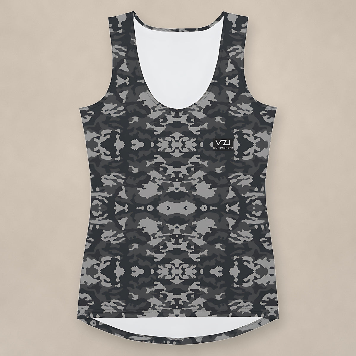 Vazzari Army 2075 Tank Top on beige studio wall