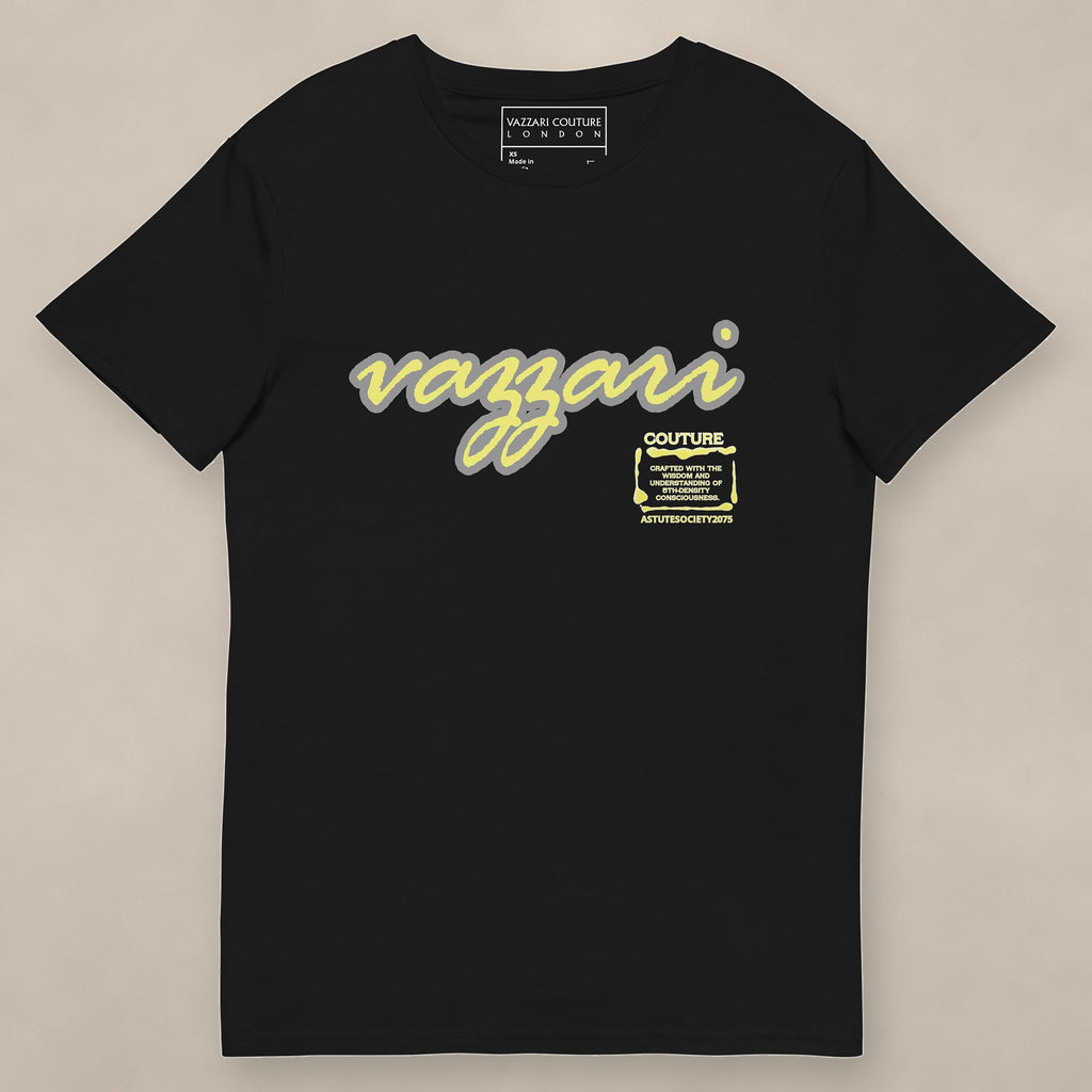 Vazzari Astute Society Tee on beige studio wall