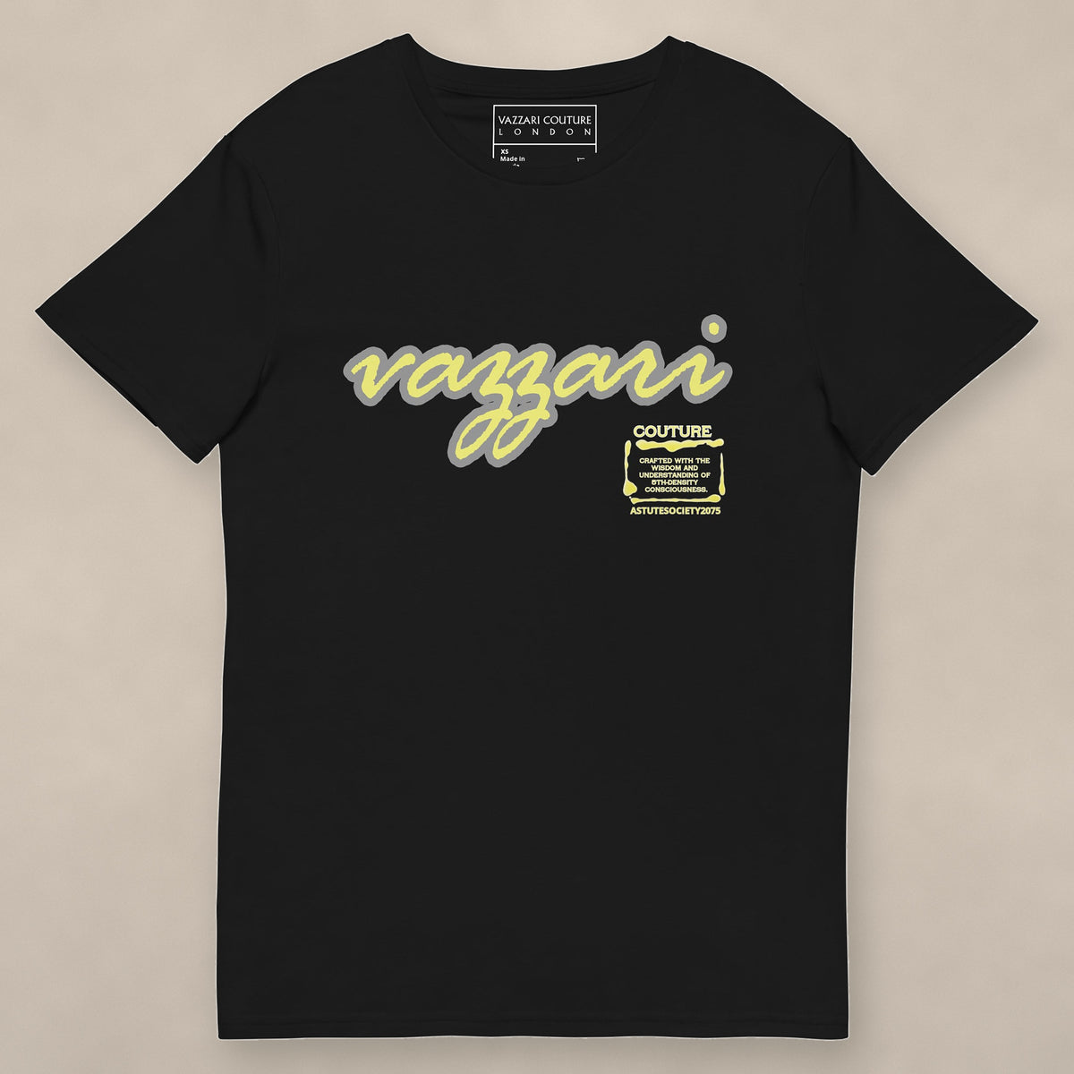 Vazzari Astute Society Tee on beige studio wall