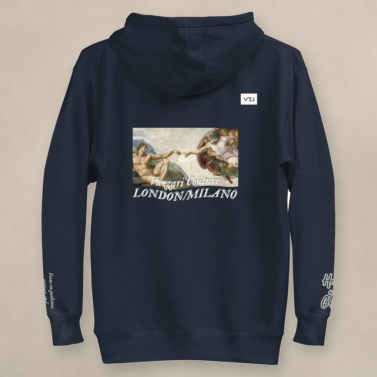 Vazzari Azurael Men's Hoodie on beige studio wall