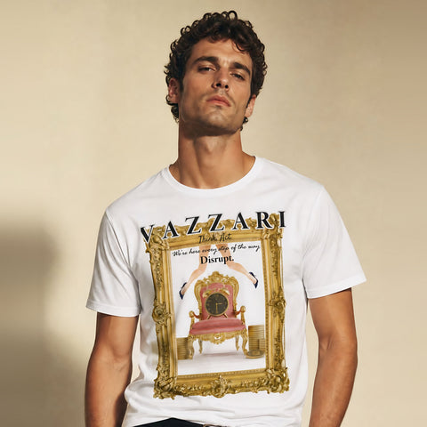 Model wearing the Vazzari Baroque Hack Tee in a beige studio