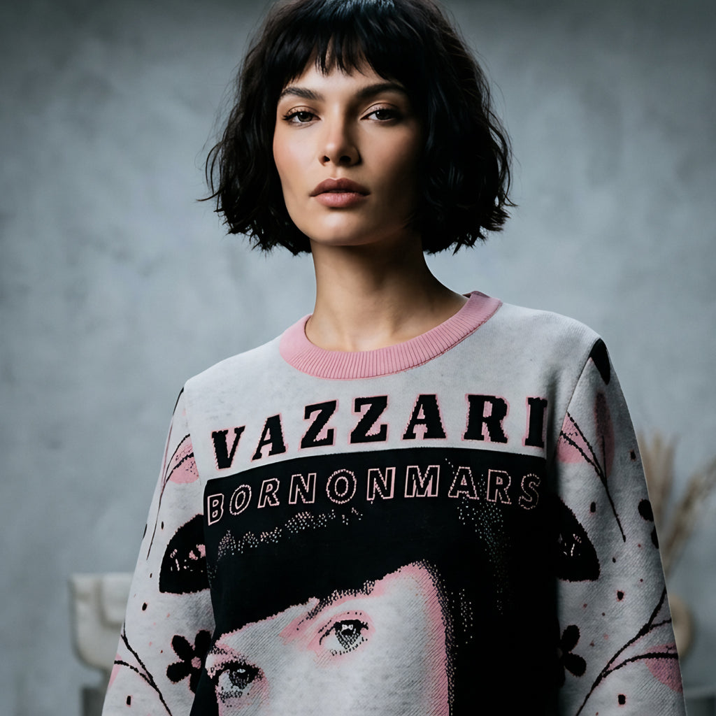 Model wearing the Vazzari Born On Mars Knit – Brunette in a beige studio