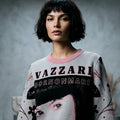 Model wearing the Vazzari Born On Mars Knit – Brunette in a beige studio