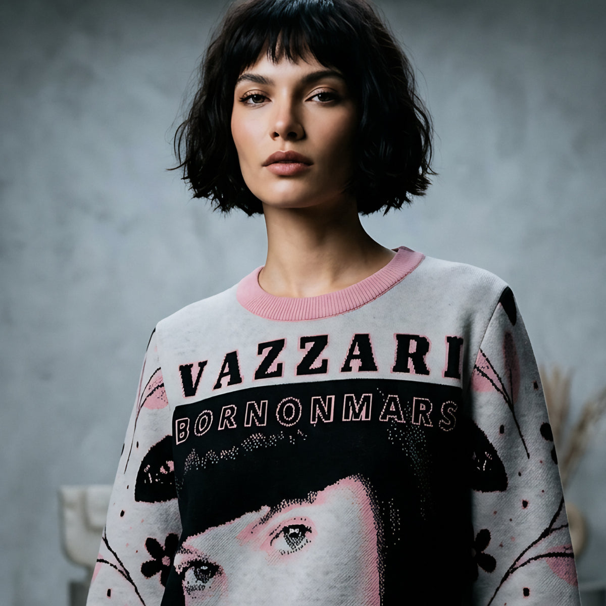 Model wearing the Vazzari Born On Mars Knit – Brunette in a beige studio