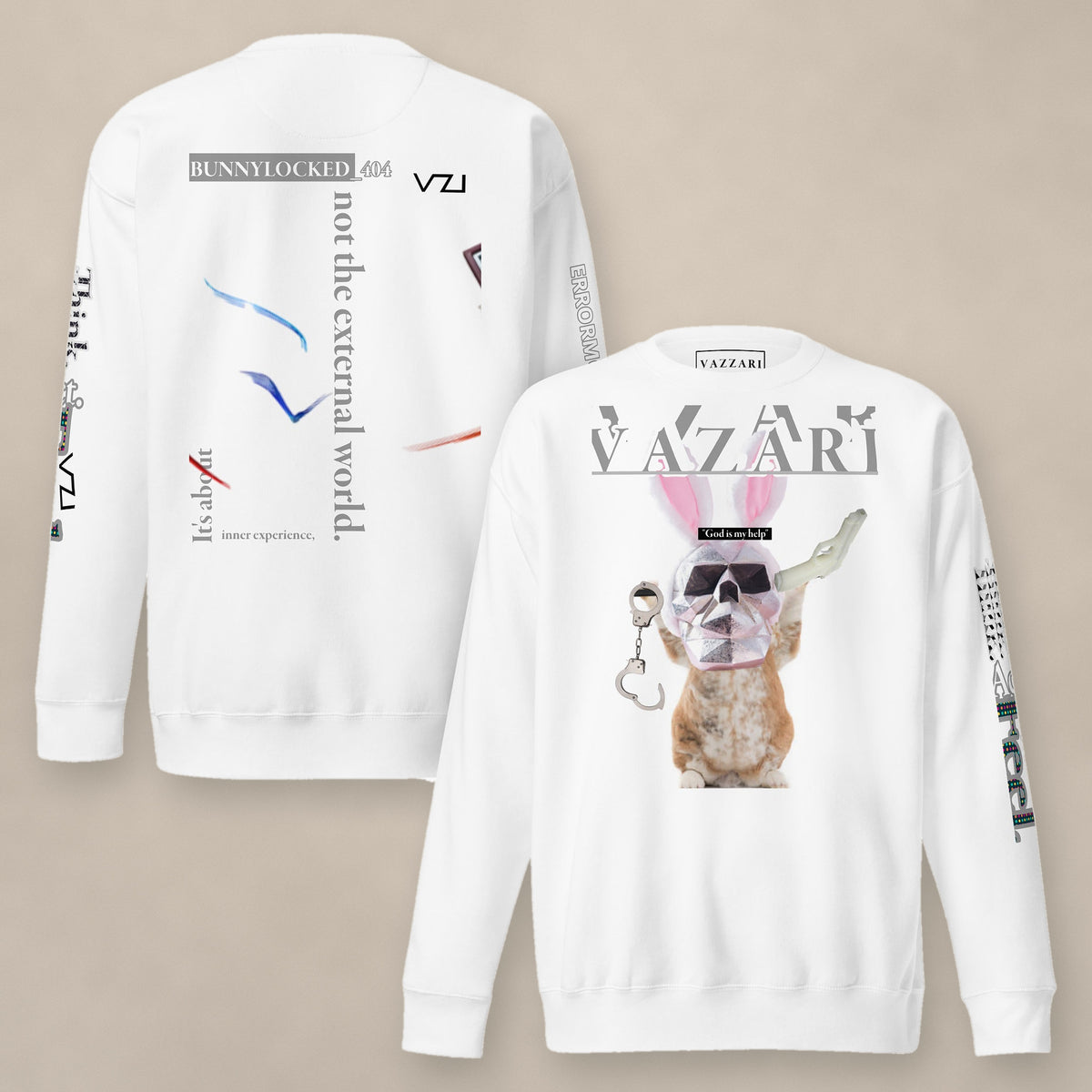 Vazzari Bunnylocked 404 Sweatshirt on beige studio wall