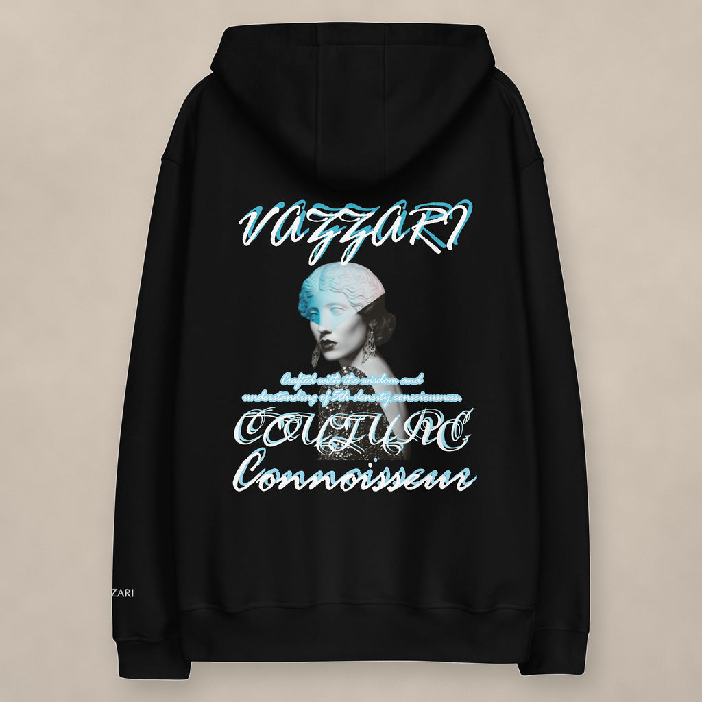 Vazzari Cerulean Gaze Organic Hoodie on beige studio wall