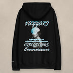 Vazzari Cerulean Gaze Organic Hoodie on beige studio wall