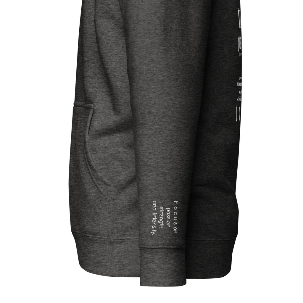 Vazzari Aethonius Men's Hoodie – Charcoal Heather – left sleeve detail – clean studio shot