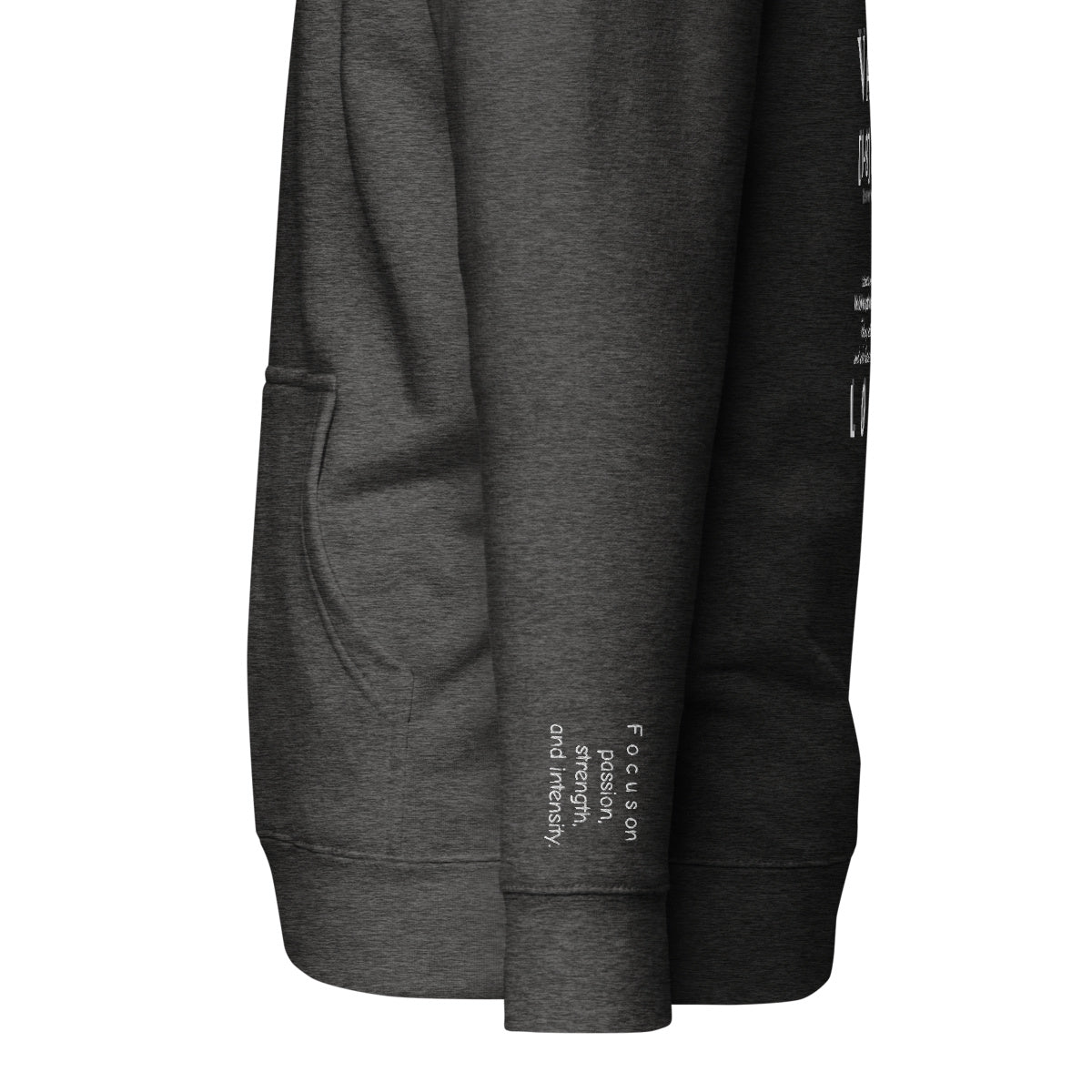 Vazzari Aethonius Men's Hoodie – Charcoal Heather – left sleeve detail – clean studio shot