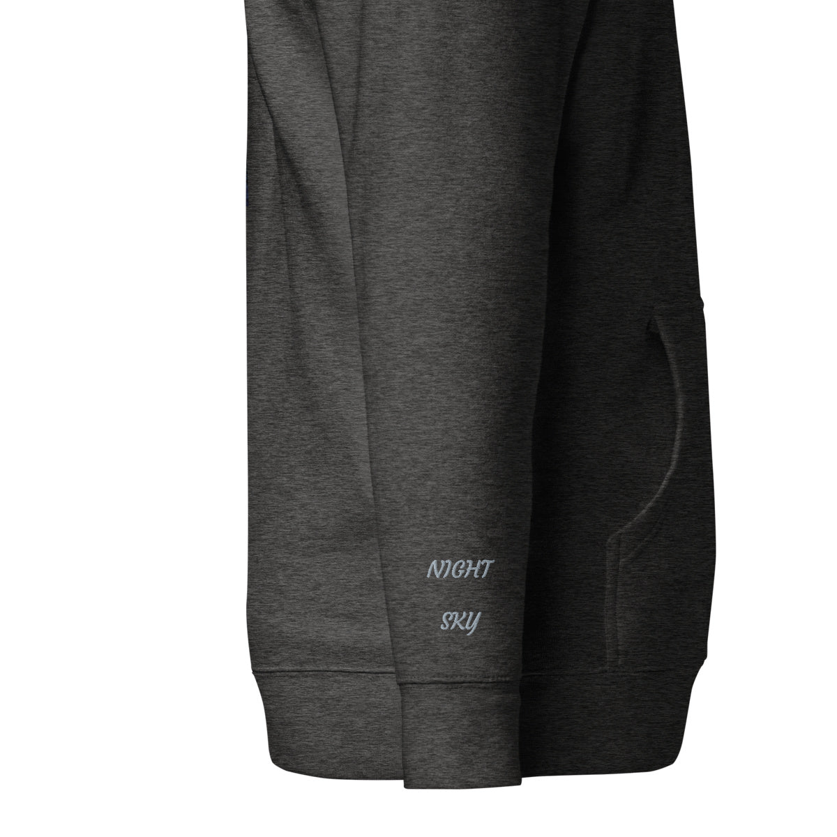 Vazzari Lunaris Hoodie – Charcoal Heather – right sleeve detail – clean studio shot