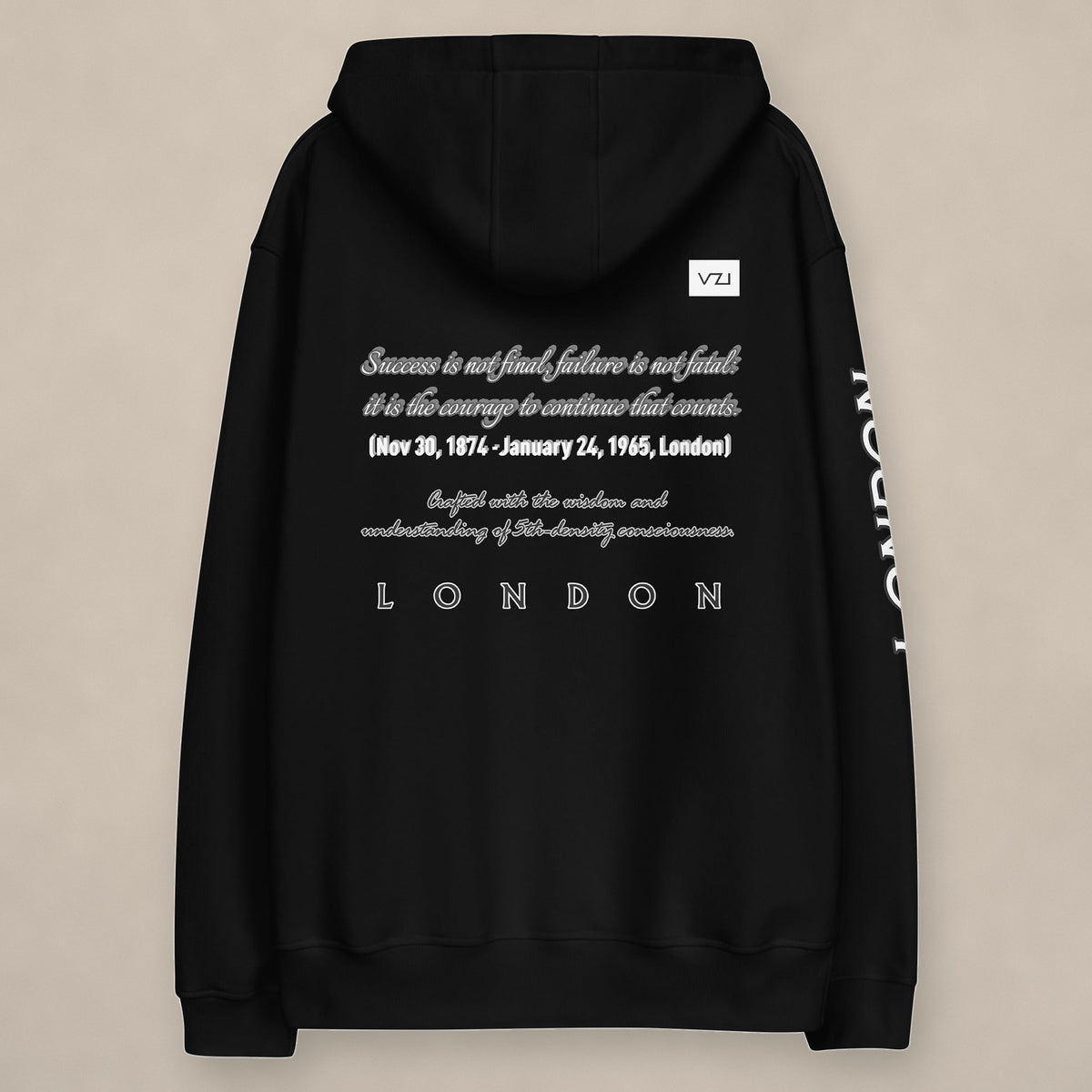 Vazzari Churchill Organic Hoodie on beige studio wall